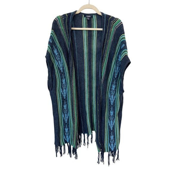 Chaps Poncho Cardigan Sweater XL Open Front Striped Tassel Blue Comfort Layers - Picture 1 of 10